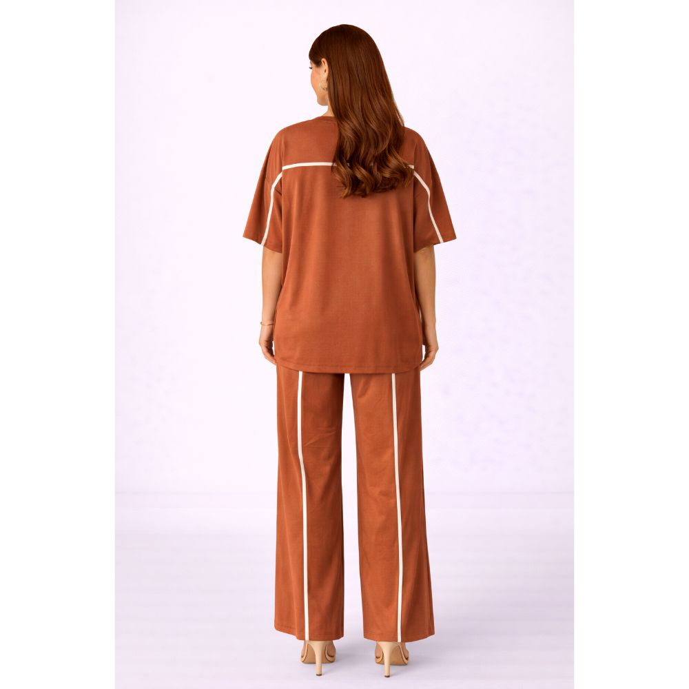 Womens Rust Brown Two Piece Lounge Set with Contrast Stripe